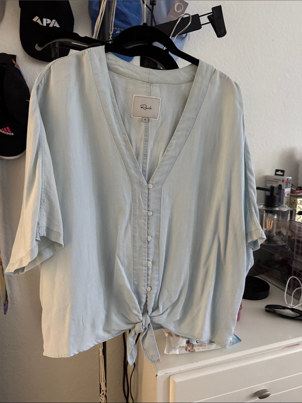 Rails Pale Blue V-Neck Tie-Front Button Blouse